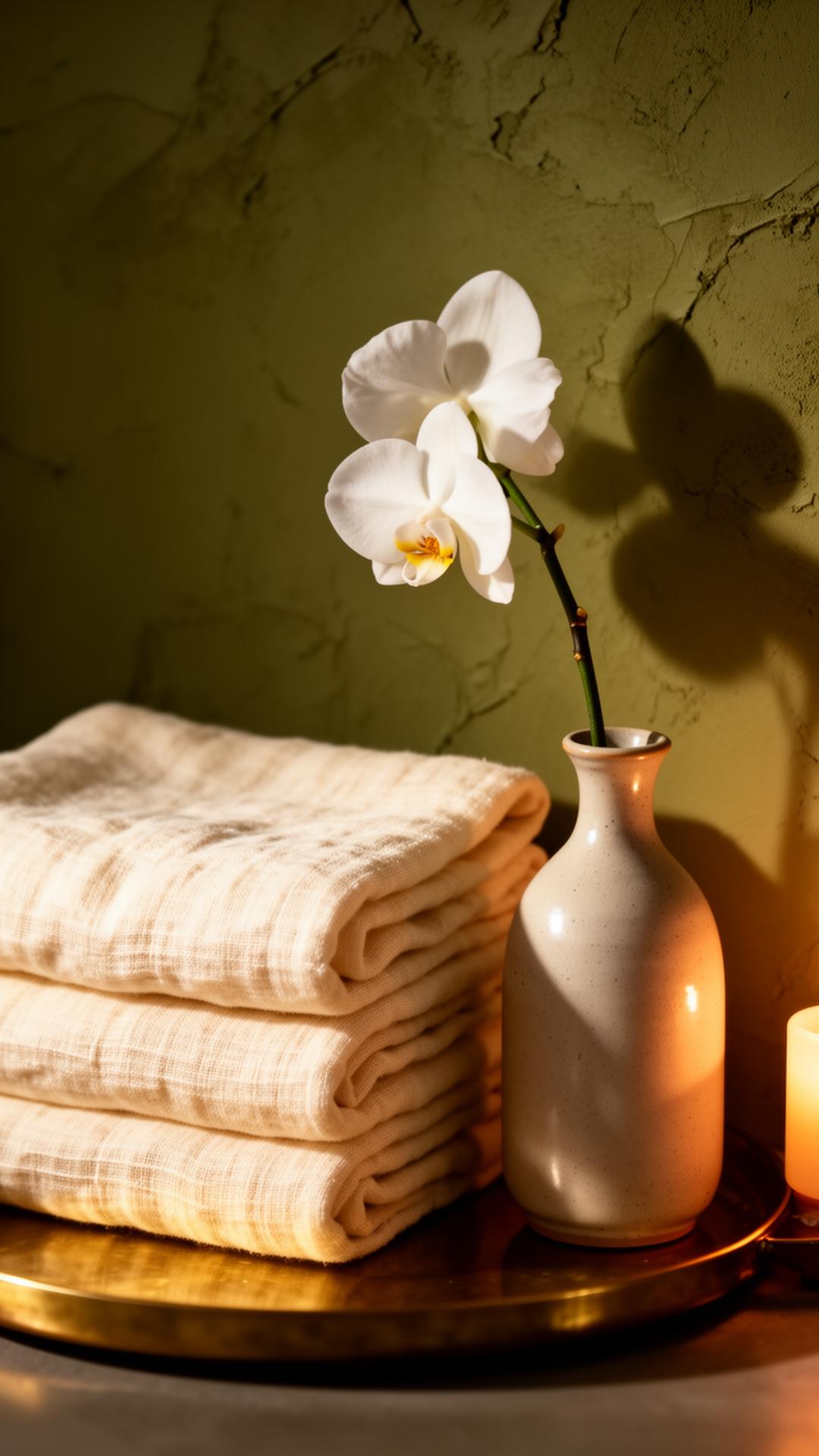 Folded warm linen towels with white orchid